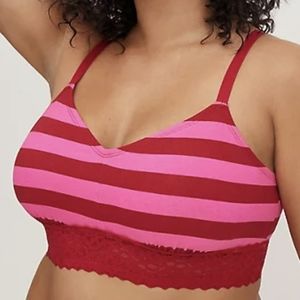 Torrid lightly padded red & pink stripe bralette with wide lace band size 5
